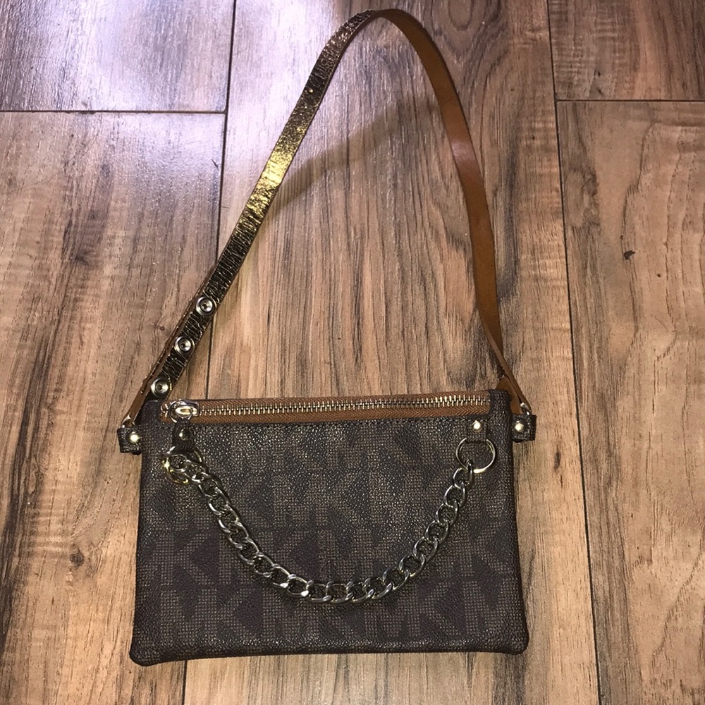 Michael Kors brown logo small wristlet purse